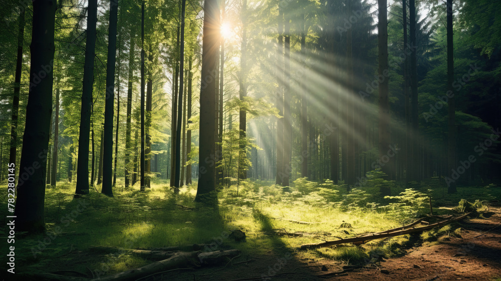 Naklejka premium sun rays in the forest.