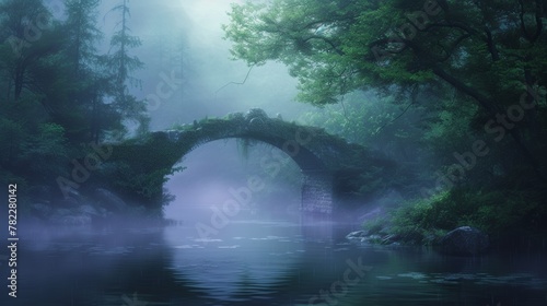 Mystical foggy forest with an ancient bridge over river