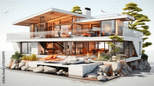 Modern house exterior with large windows and a terrace with a swimming pool © Adobe Contributor