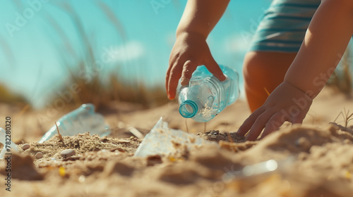 A child's hand picking up plastic litter at the beach.