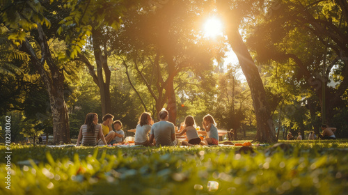 Family, friends, enjoying a picnic on a sunny summer day. 
