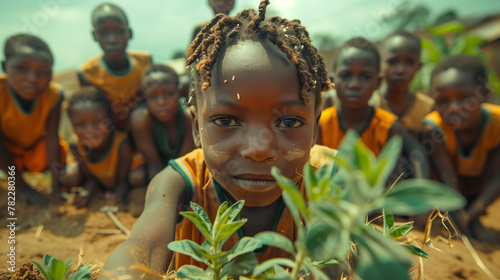 African children planting flowers, a sense of immediacy and hope for a greener future. photo