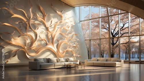 Modern living room interior design with large tree wall sculpture photo