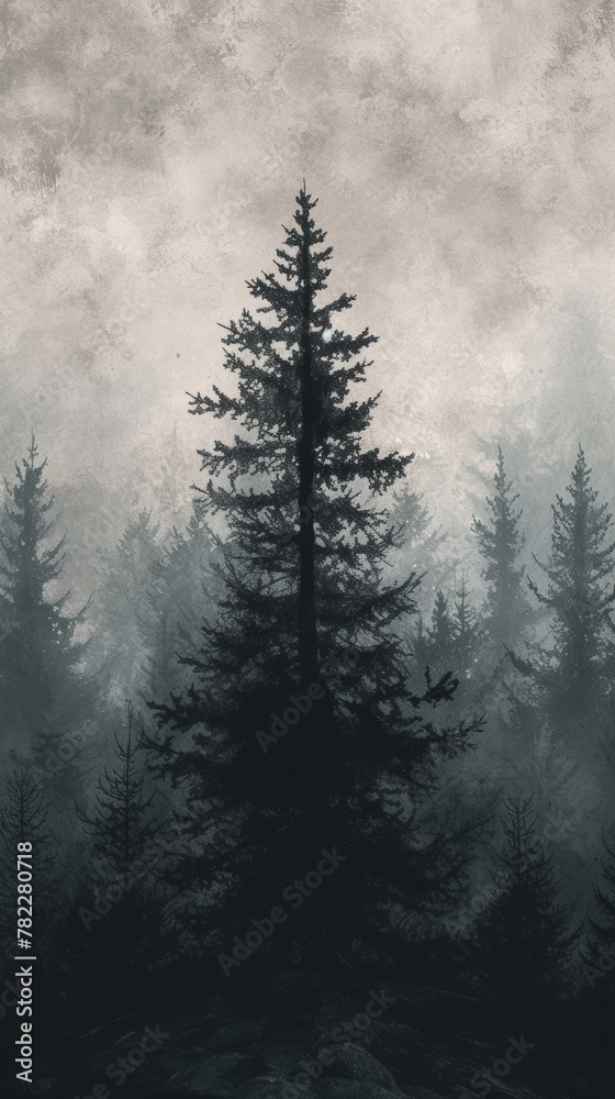 Misty forest scene with towering pine trees