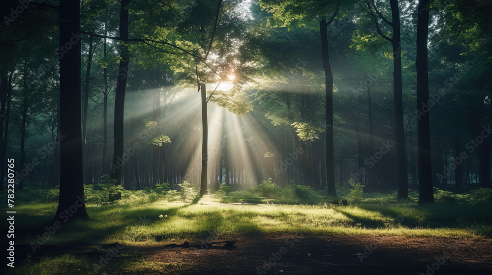 Obraz premium sun rays in the forest.