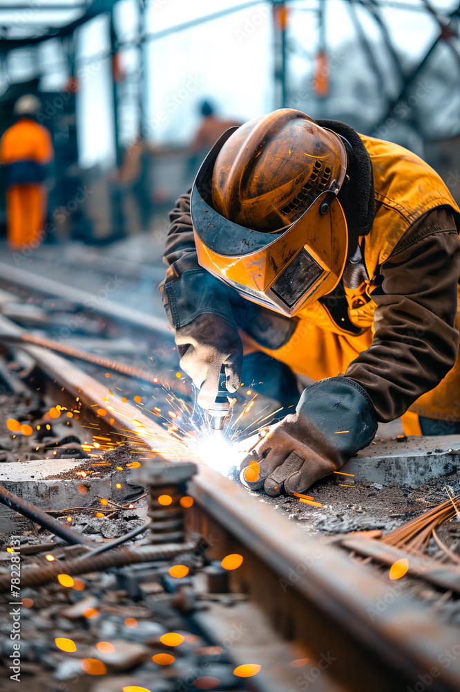 vertical image of Skilled Welder working on Railway Tracks with Sparks Flying vertical image of Skilled Welder working on Railway Tracks with Sparks Flying