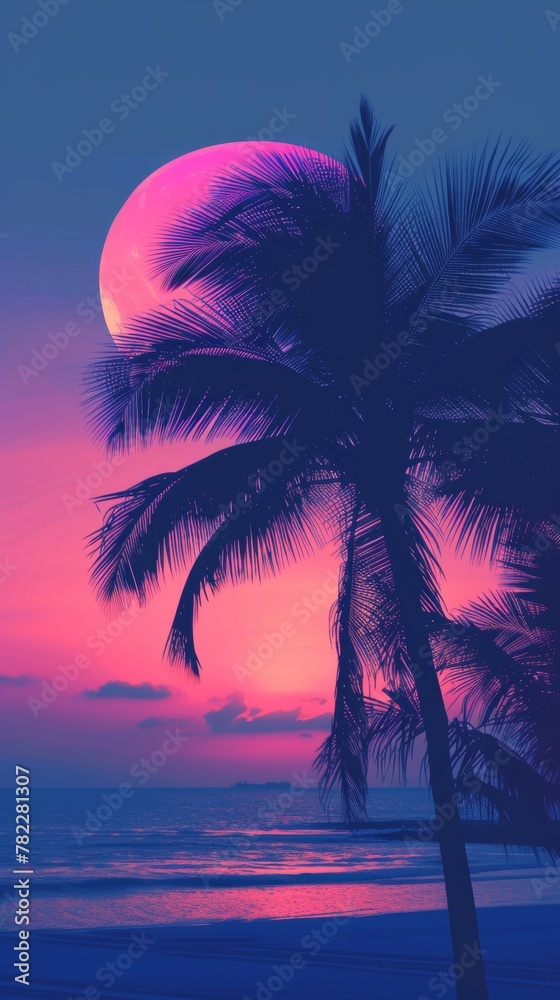 Silhouetted palm tree against a vibrant pink and blue sunset sky