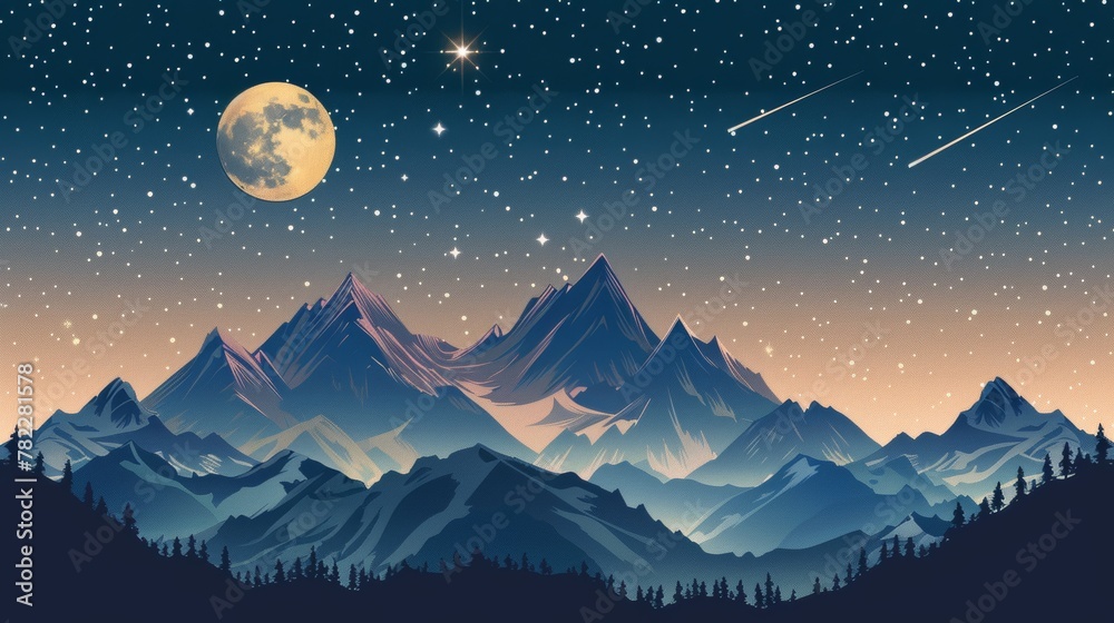 Fototapeta premium Starry night sky over layered mountain landscape with full moon