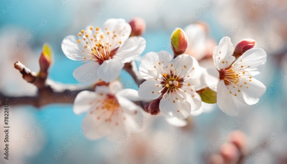 Blooming cherry blossoms against a soft blue background