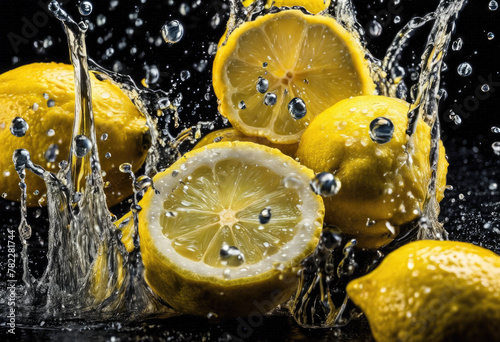 Fresh lemons splashing in water on black background