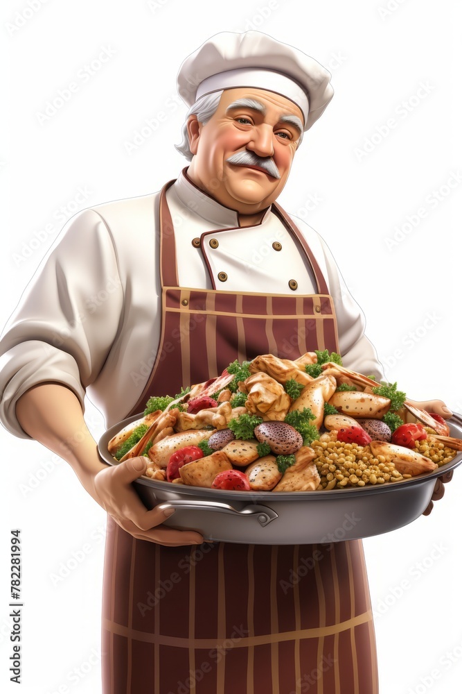 An illustration of a chef holding a large pot of food An illustration of a chef holding a large pot of food
