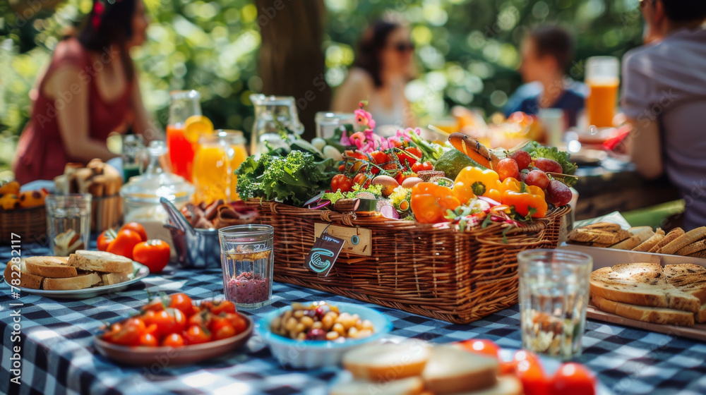 Family is gathered around a checkered picnic blanket. In the center of the frame, a picnic basket overflows with an assortment of delicious treats sandwiches with fresh ingredients, colorful salads.