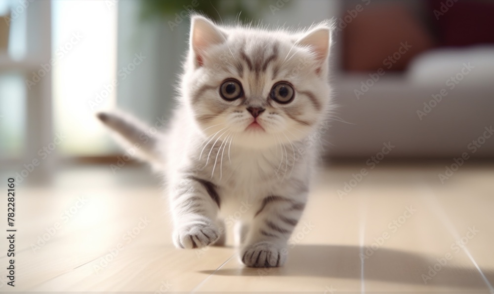 A fluffy, blue-eyed kitten gazes curiously, its innocent expression framed by soft, white fur against a pristine background