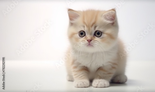 A fluffy, blue-eyed kitten gazes curiously, its innocent expression framed by soft, white fur against a pristine background