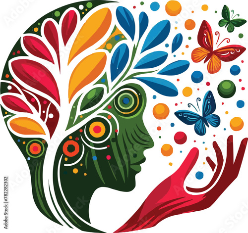 The visionary head hand tree butterfly logo symbolizes the mind and development of customized vector design
