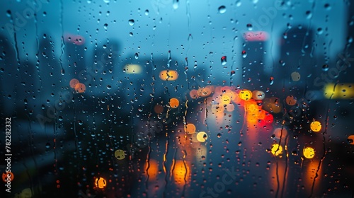 Raindrops on glass window with city lights bokeh background