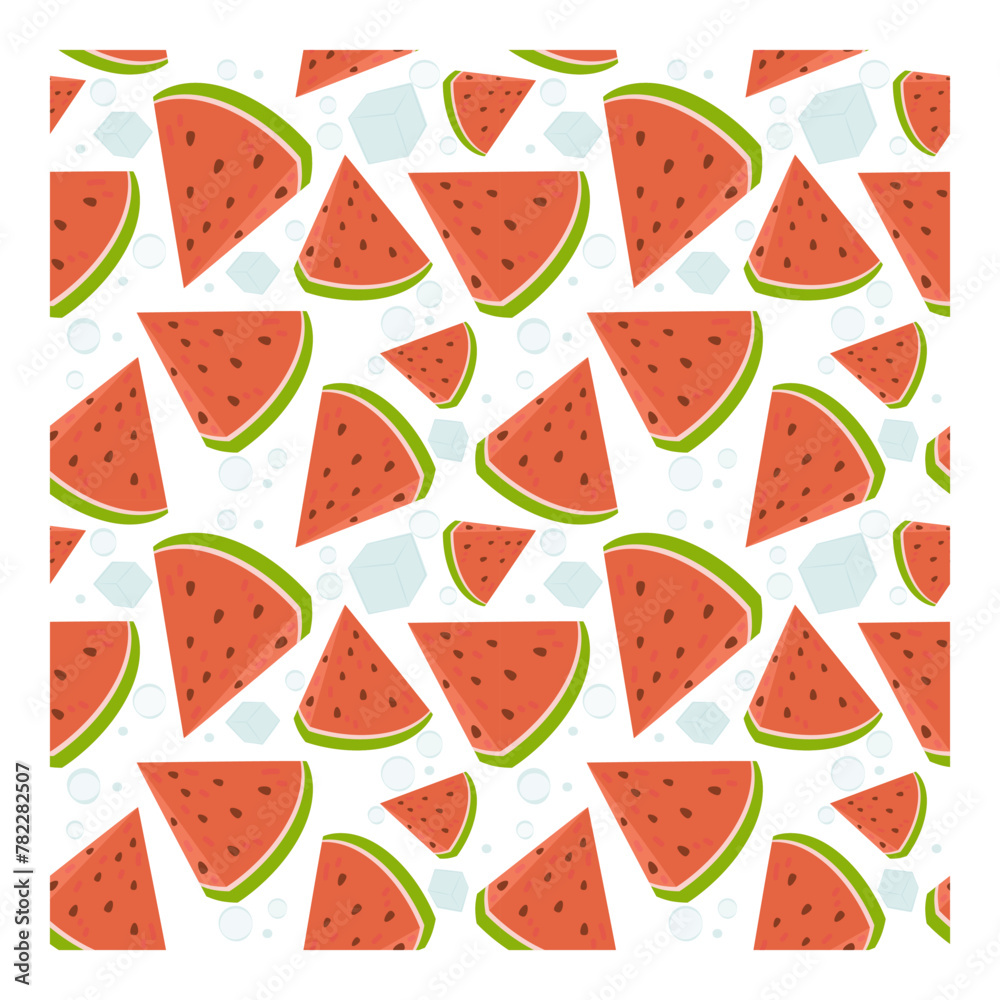 Watermelon seamless pattern. Pattern of watermelon pieces and ice pieces. Wrapping paper, textile, vector illustration Watermelon seamless pattern. Pattern of watermelon pieces and ice pieces. Wrapping paper, textile, vector illustration