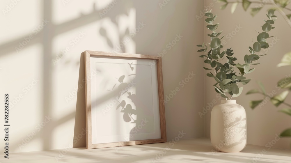 Mockup of an empty poster frame in a white wall living room with a wooden sideboard with small green plants Mockup of an empty poster frame in a white wall living room with a wooden sideboard with small green plants