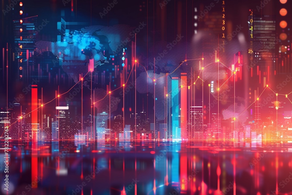 Obraz premium Vibrant digital illustration of a rising graph symbolizing global business growth, set against a backdrop of global landmarks and digital networks