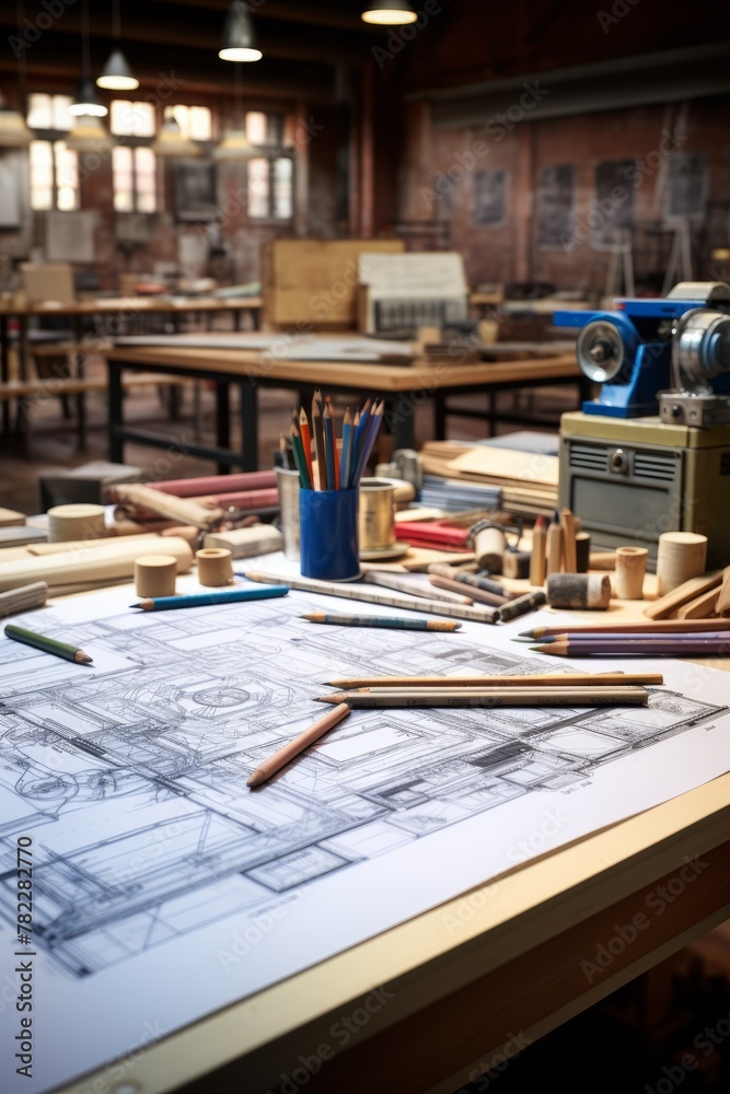 An architect's desk with blueprints and various tools