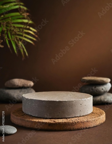 Empty round concrete round platform podium for cosmetics or products with stones on brown background. Minimalistic background with natural materials