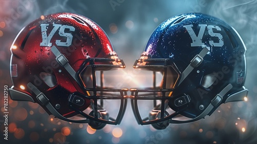 Two American football helmets in a suspenseful faceoff, VS emblem shining brightly at the center, symbolizing ultimate sports challenge © kittisak