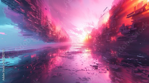 futuristic city street with skyscrapers and sunset photo