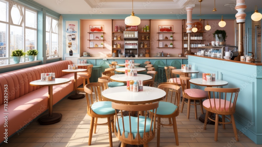 Retro pink and blue pastel colored cafe interior with round tables and chairs