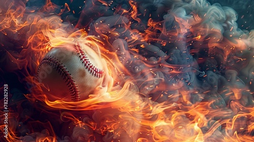 Surreal image of a baseball surrounded by a fiery red and orange smoke trail, suggesting motion and energy photo