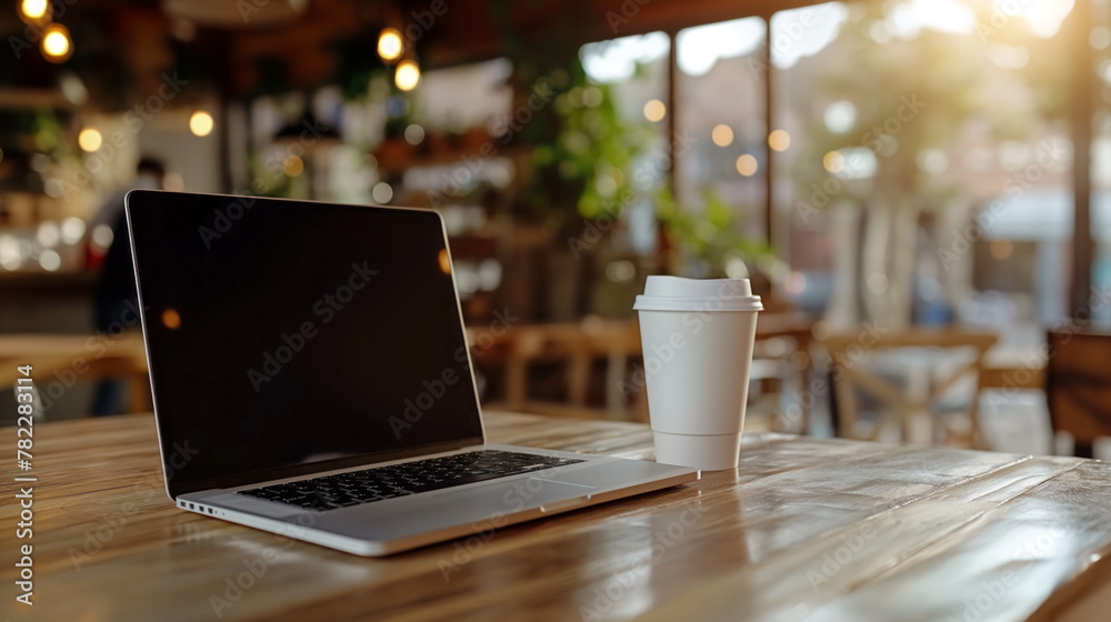 Modern laptop and coffee cup mockup on a wooden table in a creative workspace