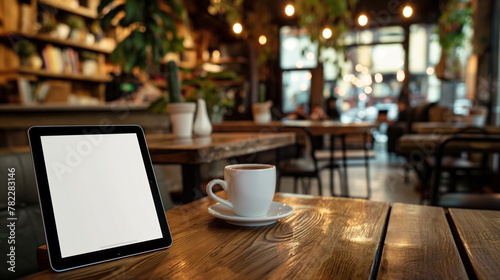 Tablet and smartphone mockup with blank screens on a wooden table in a cafe