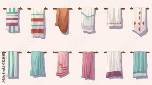 Bath and kitchen towels flat icon kit. Cartoon fabr photo