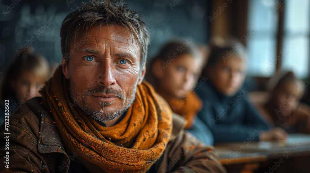 Portrait Of Teacher In Class With Pupils. Portrait Of Teacher In Class With Pupils.