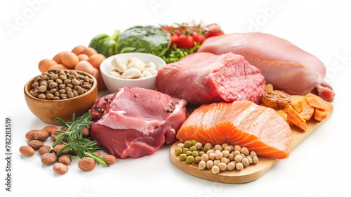 assortment of proteins featuring red meat, chicken, salmon, eggs, and legumes arranged on white
