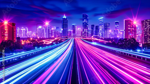 Urban Velocity  Cityscape Illuminated by the Rush of Night Traffic  The Vibrant Pulse of a Metropolis After Dark