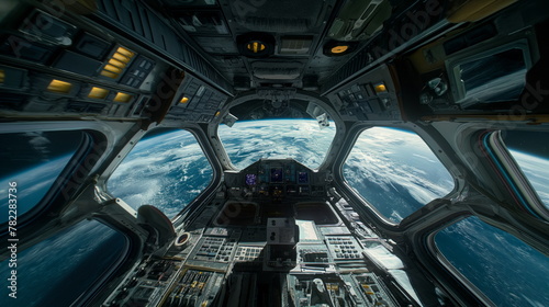 View from a space shuttle cockpit with Earth visible through the windows as it orbits the planet