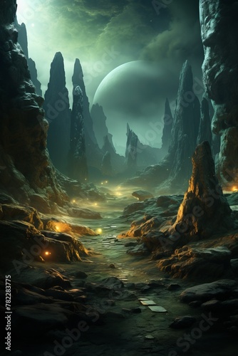 Mystical moonlit rocky valley path