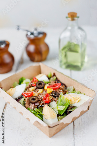 Healthy salads in plastic package for take away or food delivery.