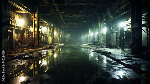 Flooded factory floor with large puddles reflecting the lights