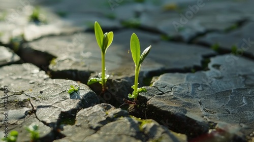 Young plants sprouting through cracked soil