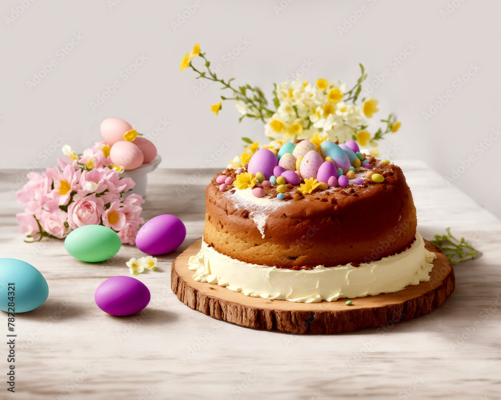 Easter cake and painted colored eggs on a white background.