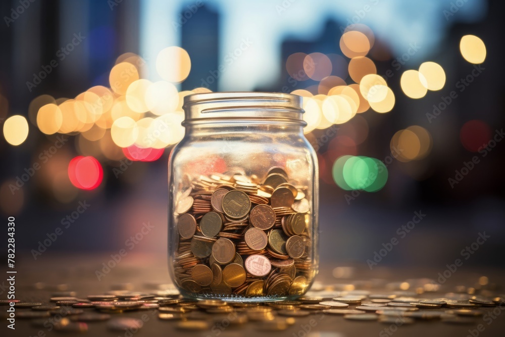 A jar filled with pennies sits on a table in front of an out of focus city at night. A jar filled with pennies sits on a table in front of an out of focus city at night.