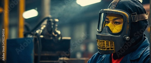 Workers wearing industrial uniforms and Welded Iron Mask at Steel welding plants, industrial safety first concept photo