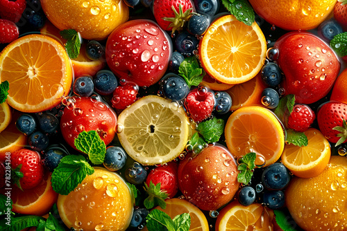 Exotic fruits and berries with water drops.