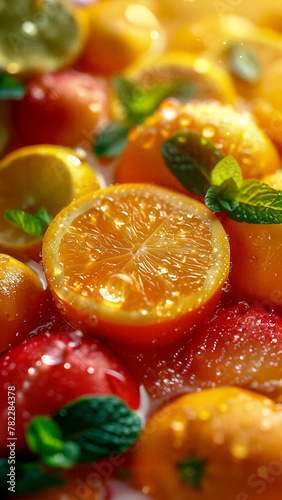Close-up cut of an orange against a background of berries and other fruits with drops of water.