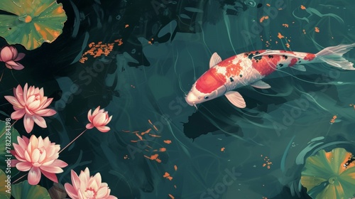 Koi fish swimming among lotus flowers in a pond