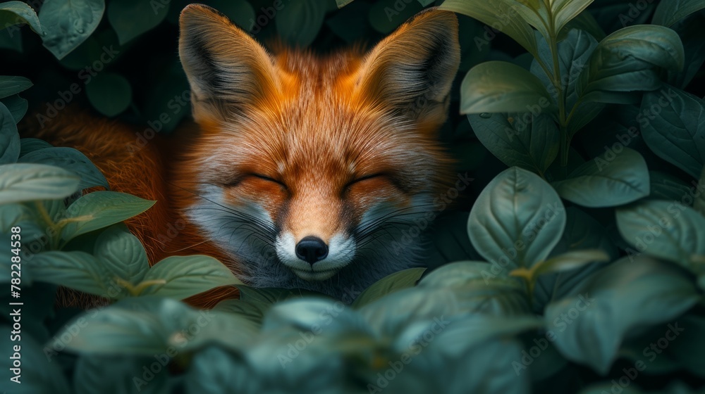 Fototapeta premium Sleeping fox nestled in green leaves