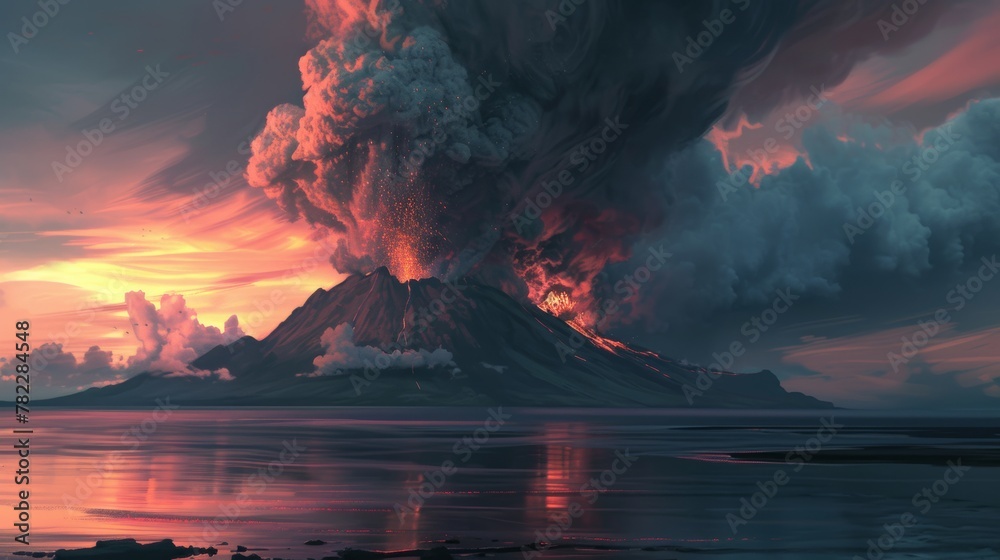 Volcanic eruption at twilight with ash cloud over ocean