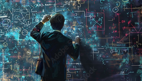 Visual depiction of a mathematician tackling intricate equations on a chalkboard using 2D illustration