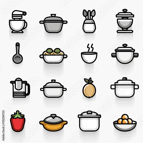 Image of a collection of colorful icons, each depicting items related to the kitchen. These icons can be used in various applications such as recipe websites, cooking apps, or food-related signs